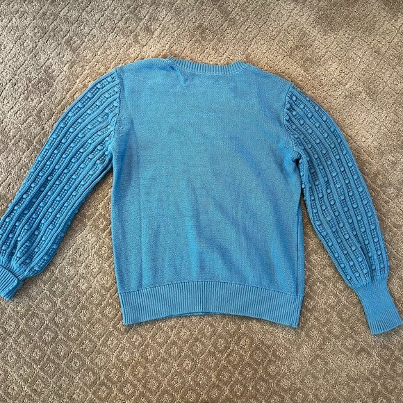 EUC Loft Blue Cable Chunky Bobble Sweater With Lantern Sleeves, Size Medium - Picture 4 of 13
